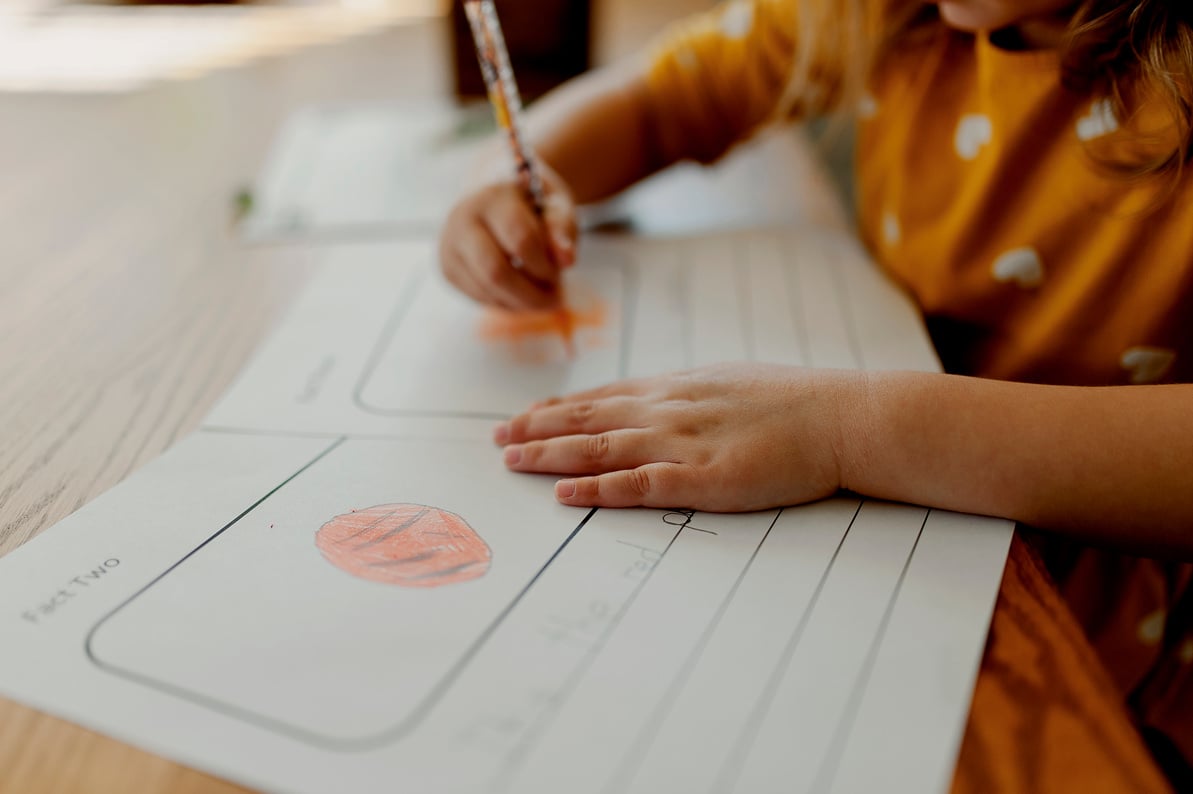 Little Girl Doing Worksheets for Homeschooling During COVID-19